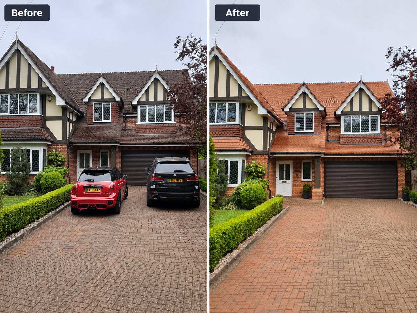 Before and after full roof restoration on a Tudor-style detached home in Bicester — moss and algae stripped, clay tiles brought back to a vibrant red