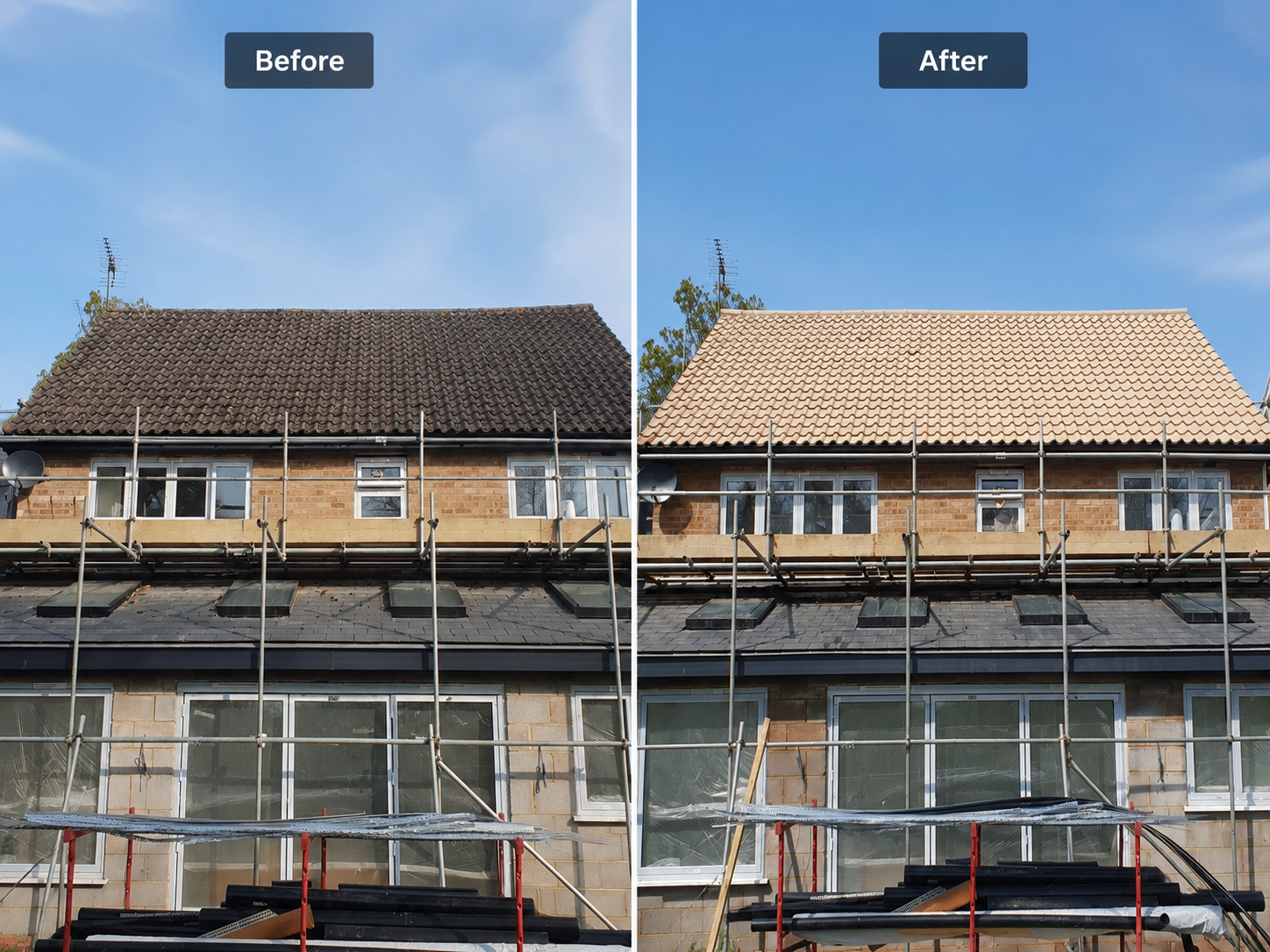 Before and after softwash roof cleaning on a tiled Bicester home — moss and algae removed, tiles restored