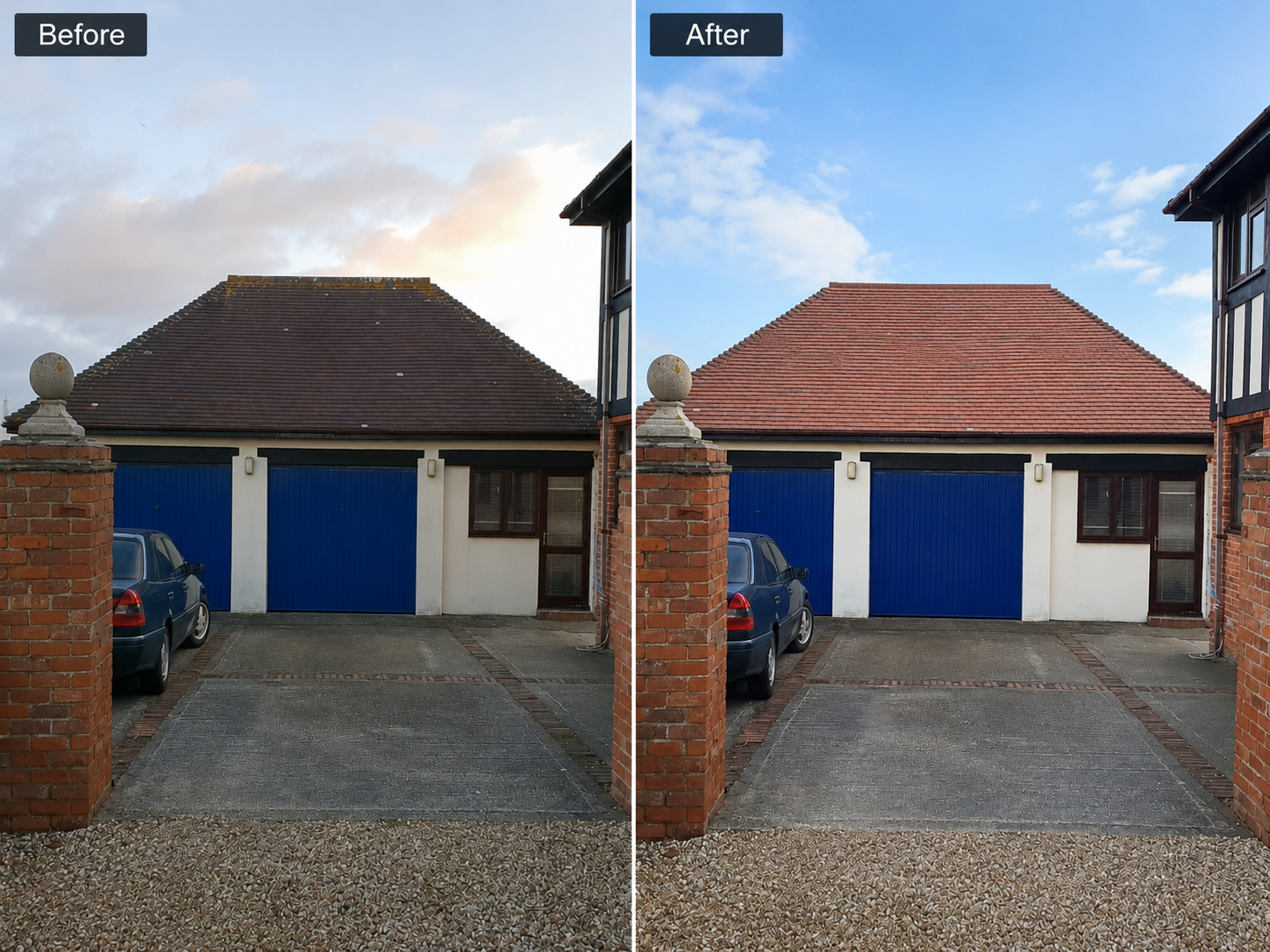 Before and after softwash driveway and roof cleaning at a Bicester home — moss and black lichen removed, red tiles and concrete restored