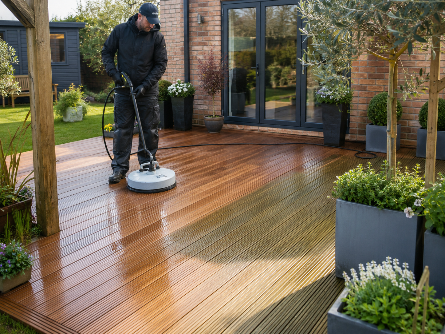 Norris Cleaning operative restoring a timber deck with a flat surface cleaner, showing rich freshly-cleaned boards next to weathered grey timber