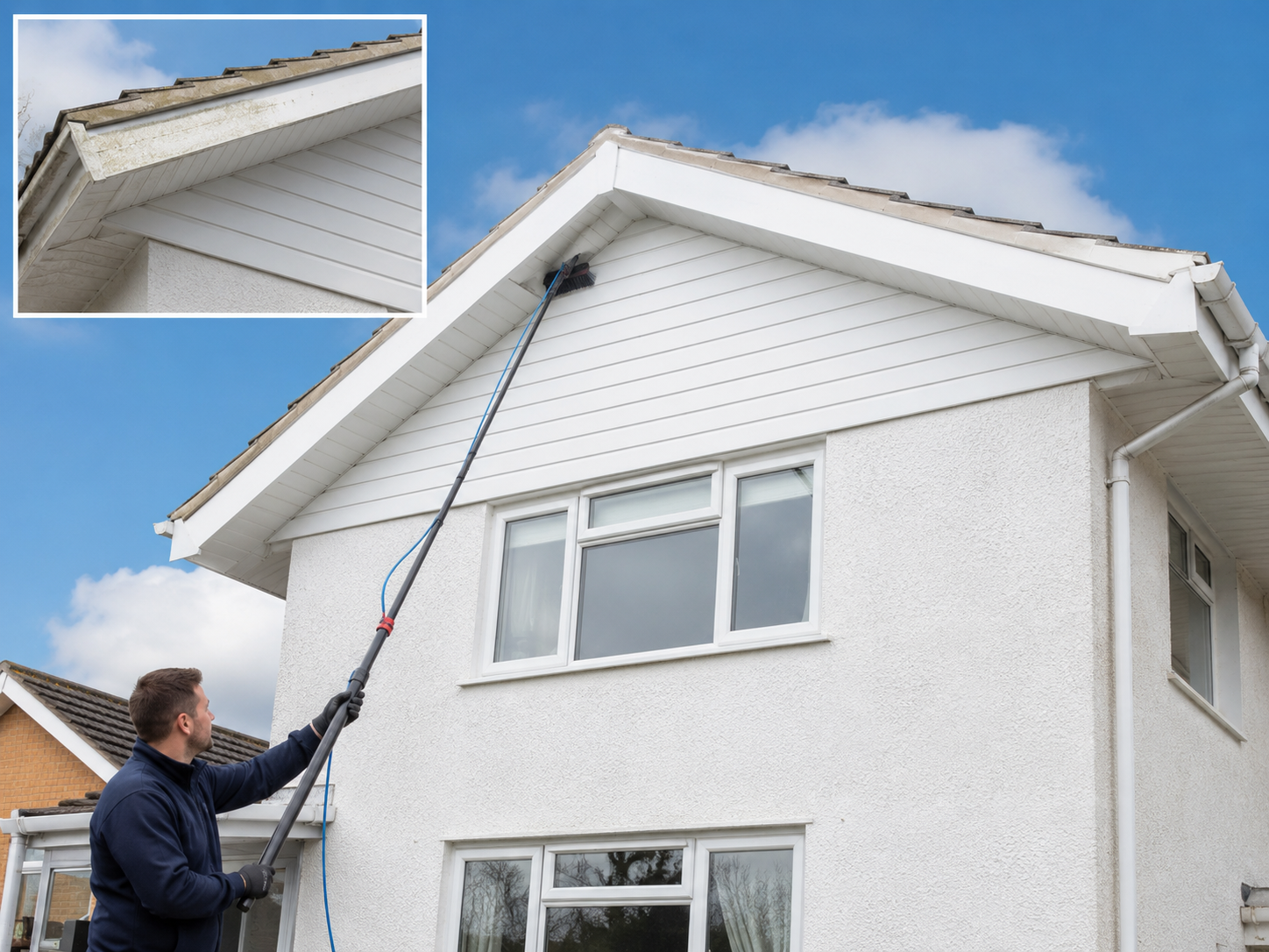 Norris Cleaning operative softwashing white UPVC fascias and soffits with a reach-and-wash pole, before/after inset of moss removal