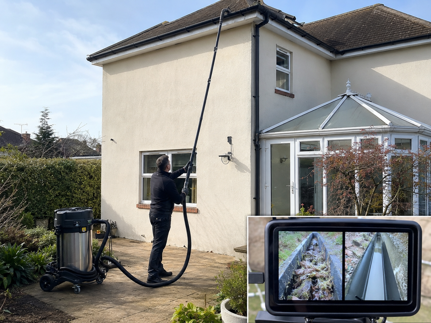 Norris Cleaning operative using a high-reach gutter vacuum on an Oxfordshire home, with a camera monitor showing before/after gutter footage